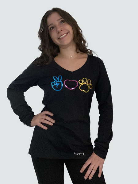 Ladies Peace, Luv, & Puppiness Long Sleeve V-neck Tee