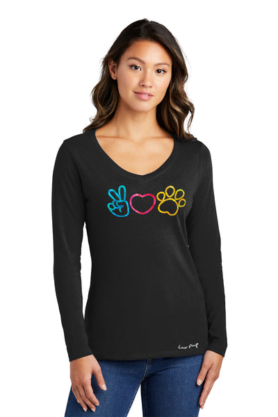 Ladies Peace, Luv, & Puppiness Long Sleeve V-neck Tee