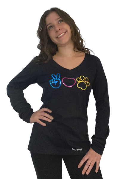 Ladies Peace, Luv, & Puppiness Long Sleeve V-neck Tee