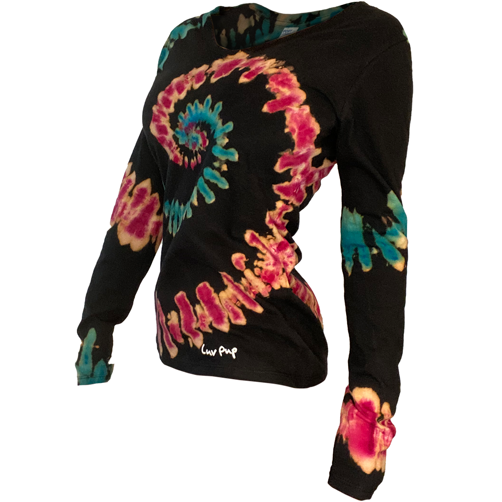 Ladies Reverse Spiral Long Sleeve • Luv Pup Hand Tied & Dyed Premium V-neck